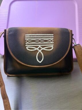 Women's Brown and Black Crossbody Bag with White Embroidery